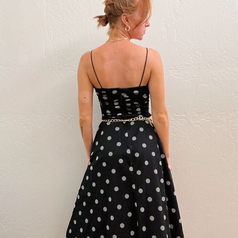Vintage 90s/Y2K Eliza J Black Polka Dot Ruched Chiffon Fit Flare Midi Dress - Picture 3 of 12